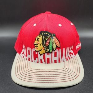 Chicago Blackhawks Hat Fitted Reebok Red White Writing Across S-M